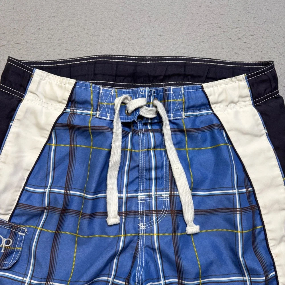 Ocean Pacific Board Shorts Mens Small Blue Plaid Y2K Cargo Swim Trunks